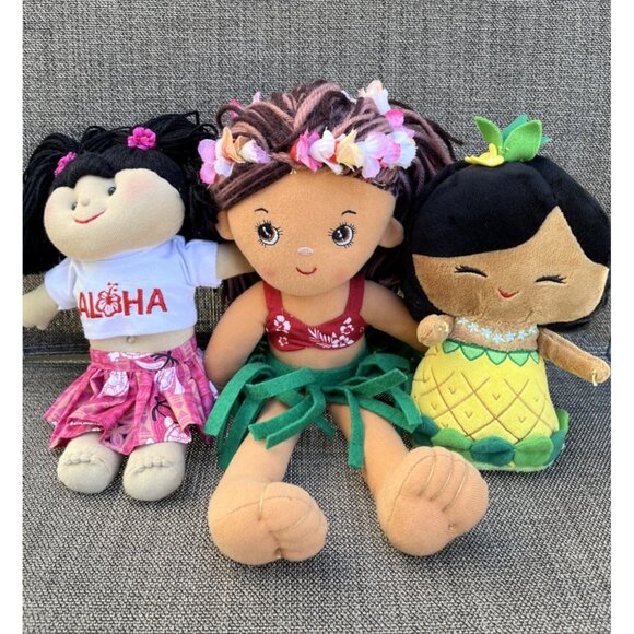 Hawaiian Hula Girl Plush Doll lot of 3 Hawaii Yarn Hair Aloha Pineapple - Picture 1 of 16